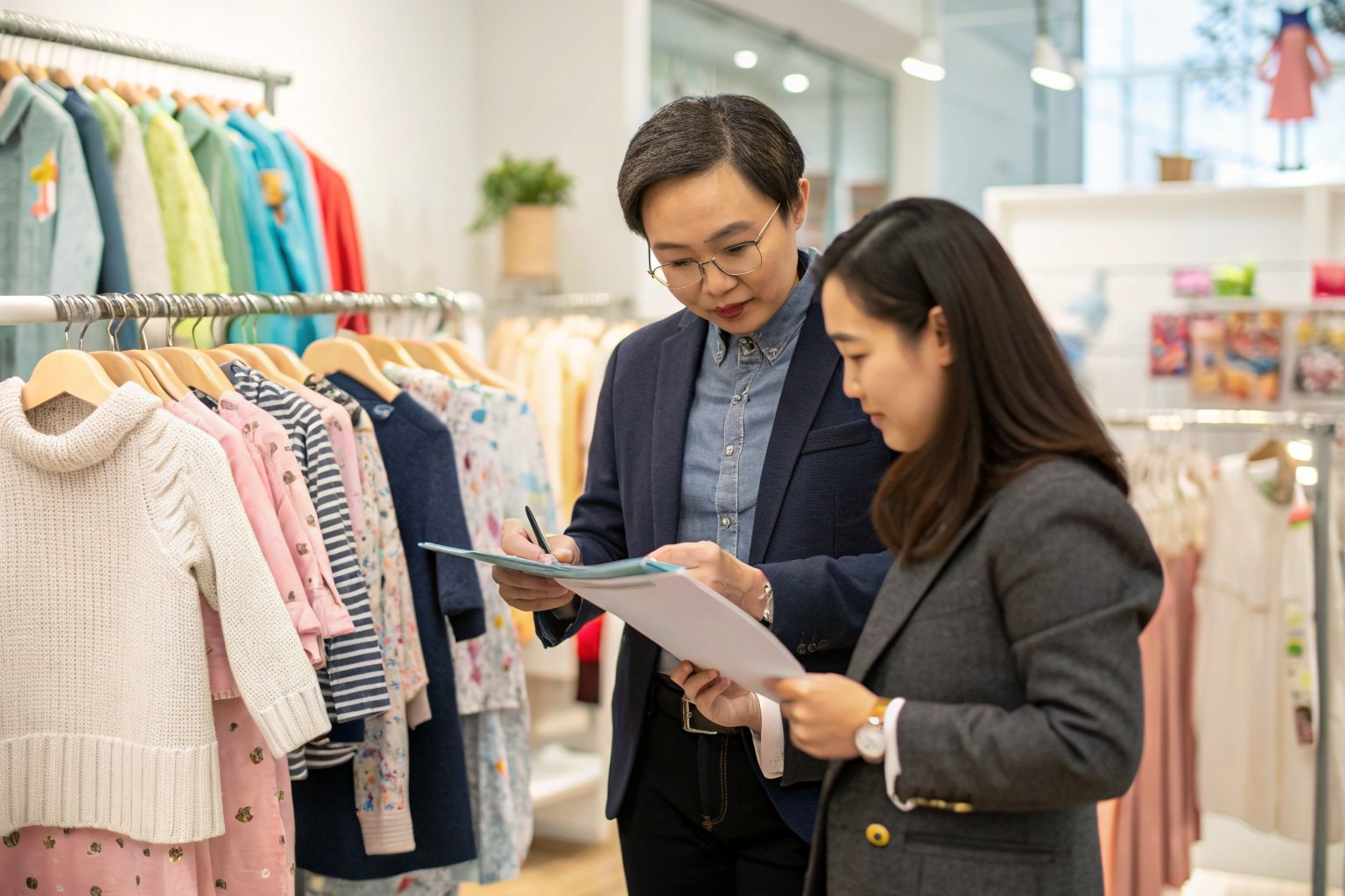 Reliable wholesale kids clothing manufacturer meeting with a buyer